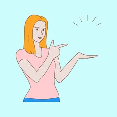 Young woman pointing finger and showing something at blank copy space