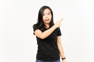 Showing Product and Pointing Side of Beautiful Asian Woman Isolated On White Background