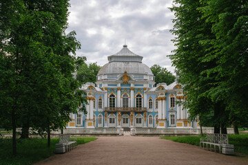 View of the Hermitage pavilion in the Catherine Park of Tsarskoye Selo on an early summer morning,...