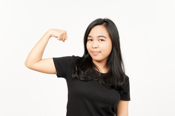 Showing Strength Arms of Beautiful Asian Woman Isolated On White Background