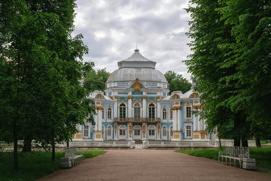 View of the Hermitage pavilion in the Catherine Park of Tsarskoye Selo on an early summer morning, Pushkin, St. Petersburg, Russia