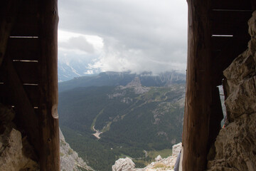 View of Cinque Terre from Lagazuoi tunnel window, Dolomites, Italian Alps.