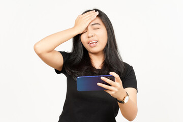 Naklejka premium Playing Mobile Game on Smartphone of Beautiful Asian Woman Isolated On White Background