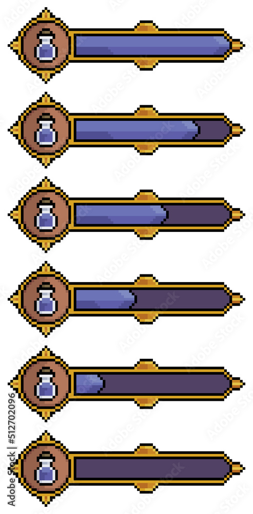 Poster pixel art mana bar. elixir bar vector icon for 8bit game on white background