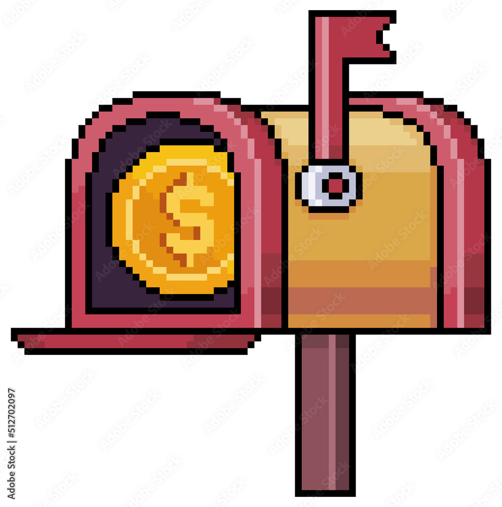 Poster pixel art mailbox with coin. money order vector icon for 8bit game on white background