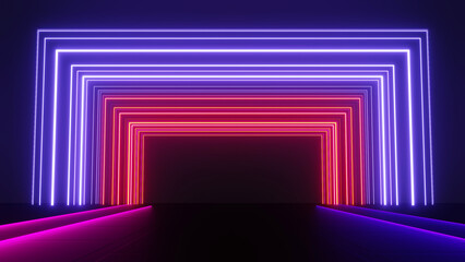 3d render of flash neon and light glowing on dark scene. Speed light moving lines.