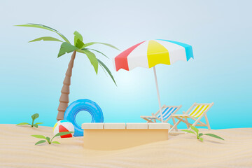 Fototapeta na wymiar 3d render Summer sale podium stand for showing product. Beach Vacations Scene in Summer for mock up.