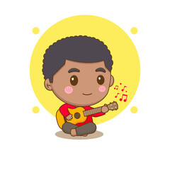 Cute boy playing guitar. Chibi cartoon character. Vector art illustration