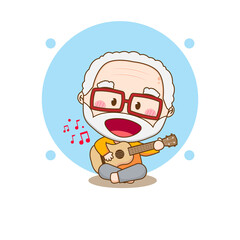 Cute old man playing guitar. Chibi cartoon character