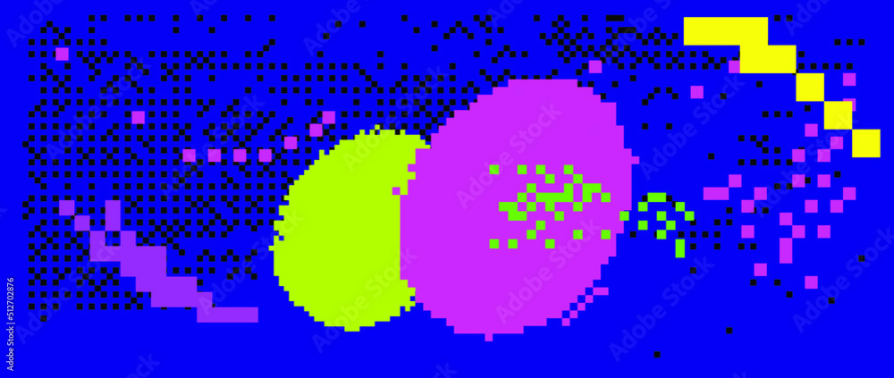 Poster Glitched and distorted background with pixel mosaic.