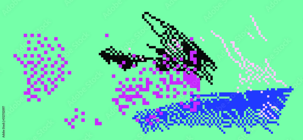 Poster Glitched and distorted background with pixel mosaic.