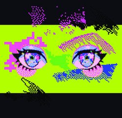 Pixel art of anime eyes on glitched background. Trendy webpunk style illustration for print or poster.