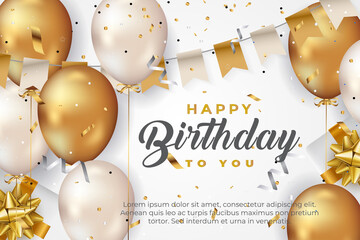 luxury happy birthday greeting template with balloon, birthday flag and glitter