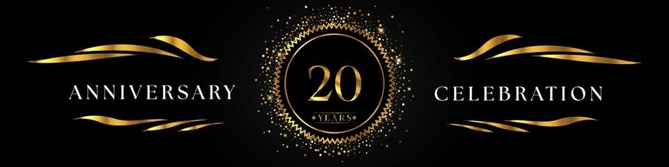 20 years anniversary celebration with golden sunburst on the black elegant background. Design for happy birthday, wedding or marriage, event party, greetings, ceremony, and invitation card.  