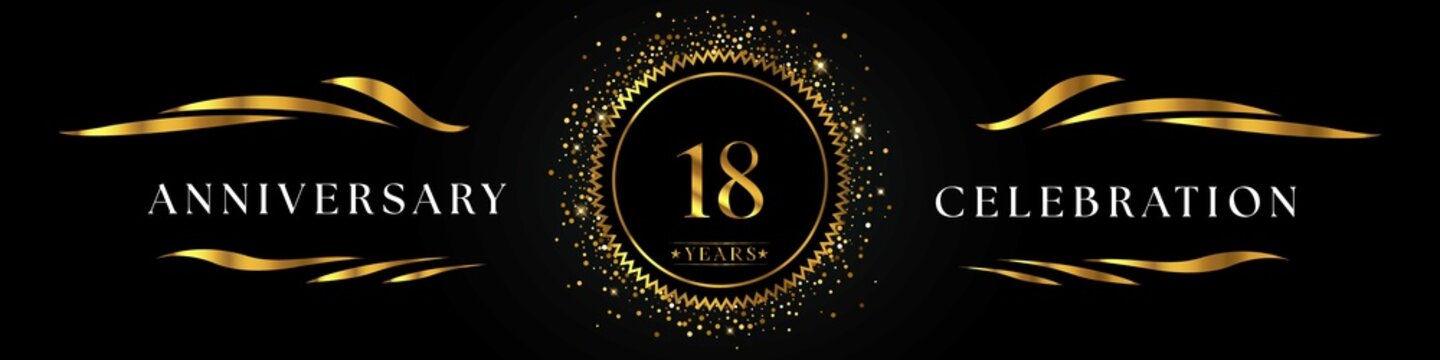 18 years anniversary celebration with golden sunburst on the black elegant background. Design for happy birthday, wedding or marriage, event party, greetings, ceremony, and invitation card.  