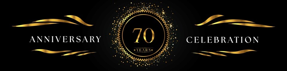 70 years anniversary celebration with golden sunburst on the black elegant background. Design for happy birthday, wedding or marriage, event party, greetings, ceremony, and invitation card.  