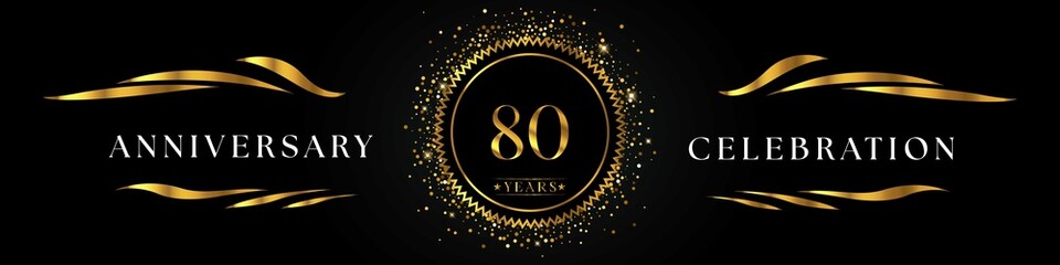 80 years anniversary celebration with golden sunburst on the black elegant background. Design for happy birthday, wedding or marriage, event party, greetings, ceremony, and invitation card.  