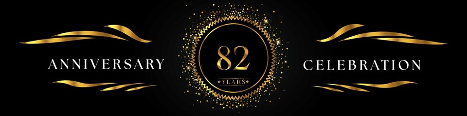 Fototapeta na wymiar 82 years anniversary celebration with golden sunburst on the black elegant background. Design for happy birthday, wedding or marriage, event party, greetings, ceremony, and invitation card. 