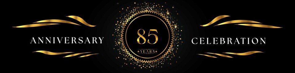 85 years anniversary celebration with golden sunburst on the black elegant background. Design for happy birthday, wedding or marriage, event party, greetings, ceremony, and invitation card.  