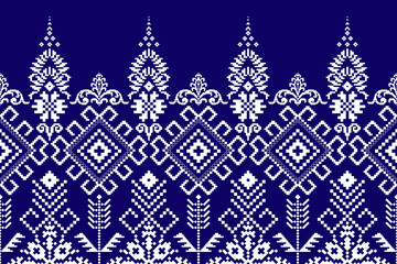 Beautiful knitted embroidery.geometric ethnic oriental pattern traditional background.blue and white tone.Aztec style,abstract,vector,illustration.design for texture,fabric,clothing,wrapping,carpet. - obrazy, fototapety, plakaty