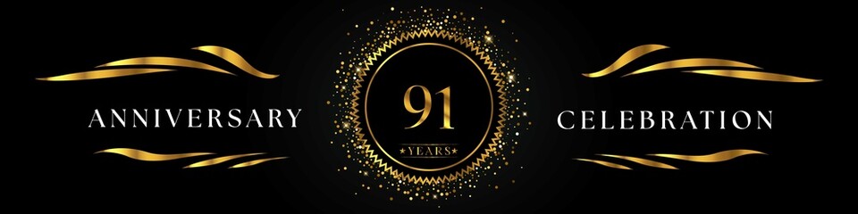 91 years anniversary celebration with golden sunburst on the black elegant background. Design for happy birthday, wedding or marriage, event party, greetings, ceremony, and invitation card.  