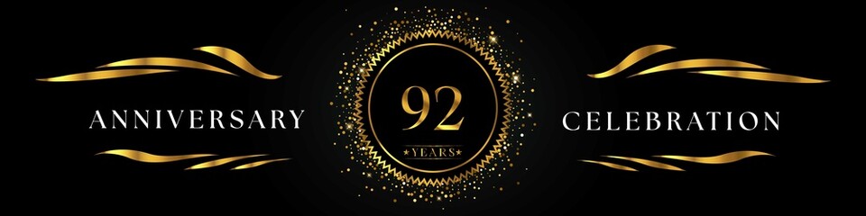 92 years anniversary celebration with golden sunburst on the black elegant background. Design for happy birthday, wedding or marriage, event party, greetings, ceremony, and invitation card.  
