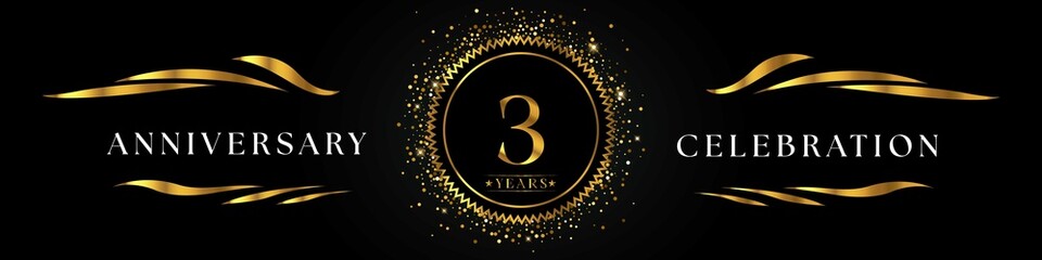 3 years anniversary celebration with golden sunburst on the black elegant background. Design for happy birthday, wedding or marriage, event party, greetings, ceremony, and invitation card.  