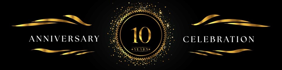 10 years anniversary celebration with golden sunburst on the black elegant background. Design for happy birthday, wedding or marriage, event party, greetings, ceremony, and invitation card.  