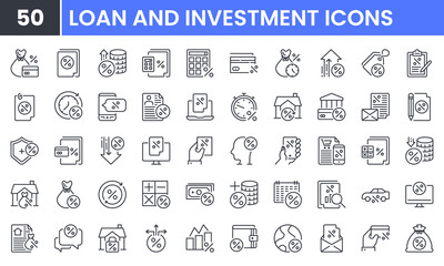 Fototapeta na wymiar Loan and Investment Plan vector line icon set. Contains linear outline icons like Credit, Rate, Interest, Payment, Bill, Business Finance, Increase, Decrease, Bank, Money. Editable use and stroke.