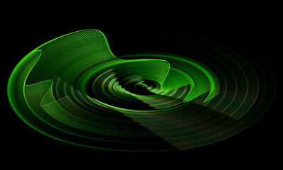 3D illustration. Fractal. Green mesh curved into a spiral on a black background. Graphic element, texture for web design.