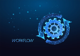 Concept of workflow production with cogwheel, gear and cycle arrows on dark blue background