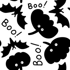Seamless hand drawn black and white Halloween pattern with cartoon ghost skull bones pumpkin bat. Cute minimalist background for kids party invitation tesxtile wrapping paper. October nursery print.
