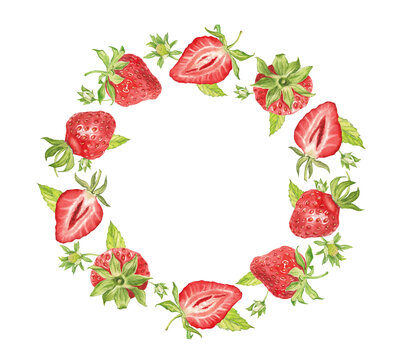 Watercolor strawberry wreath, summer round frame with berries