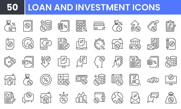Loan and Investment Plan vector line icon set. Contains linear outline icons like Credit, Rate, Interest, Payment, Bill, Business Finance, Increase, Decrease, Bank, Money. Editable use and stroke.