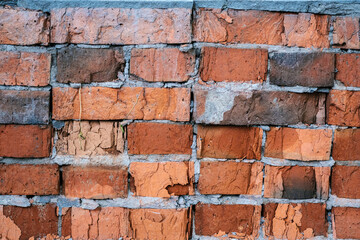 The texture of old brick wall in close-up.