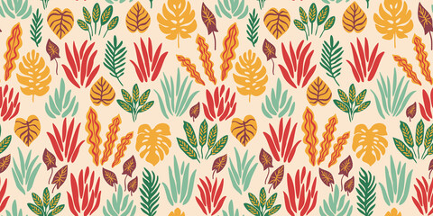 Fototapeta na wymiar Seamless pattern with rainforest flora. Tropical design for textile, wallpaper, wrapping paper, scrapbooking and decoration