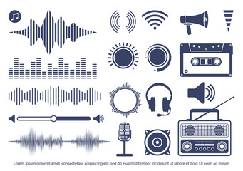 Flat vector icon set - music vector, radio, speaker, settings, equalizer, volume control, loudspeaker, cassette tape, microphone, earphones