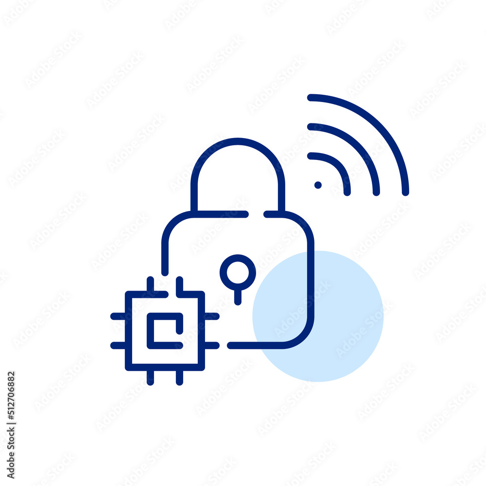 Poster smart lock security system with cpu. pixel perfect, editable stroke line art icon
