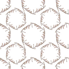 Seamless pattern watercolor wreath. Circle frame template for design. Branch with dry wild flower isolated on white background. Hand-drawn summer plant. Copy space. Border for wedding invitation