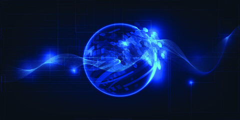 Vector illustrations of neon blue hologram earth with dots connecting waveforms for futuristic technology artwork theme.Digital innovation technology concepts.