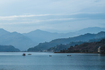 scenery of phewa lake in pokhara, nepal in the morning