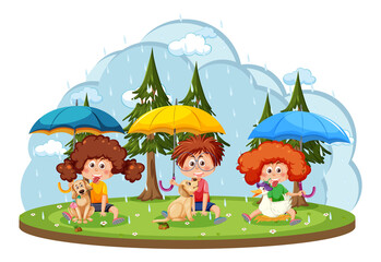 Rainy day with children holding umbrella