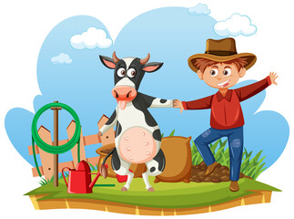 Obraz na płótnie Canvas Happy farmer dancing with a cow