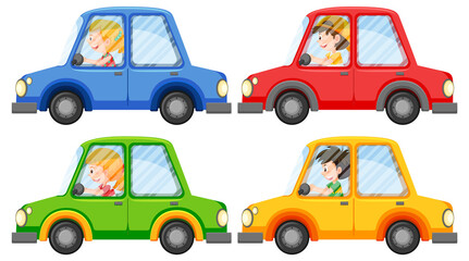 Driver kids in their cars cartoon