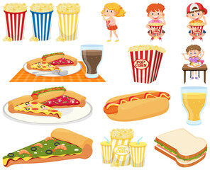 Set of different junk foods and kids