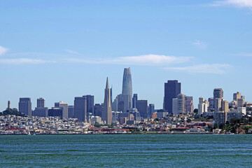 Fototapeta na wymiar 2021 San Francisco skyline under blue sky with some clouds 