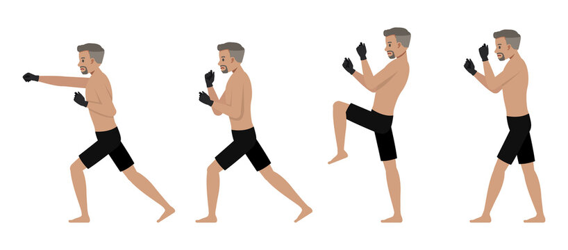 Set of Mixed Martial Arts man character vector design. Presentation in various action with emotions, running, standing and walking.