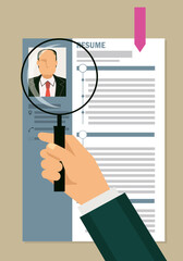 Obraz premium Illustrations to sort by looking at the resume with a magnifying glass. job hunting. Asian men