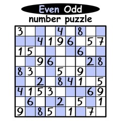 Even-Odd number puzzle for children vector illustration. Funny cartoon sudoku game with 1-9 numbers activity page. Complete the sudoku - place odd numbers on white cells and even numbers on blue cells