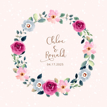 pink blue watercolor floral wreath